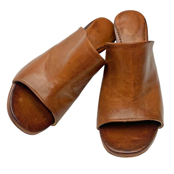 MARTE'S Walnut Brown Leather Open Toe Block Heel Mules - Picture 8 of 10